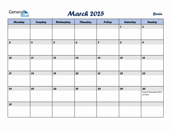 March 2025 Calendar with Holidays in Benin
