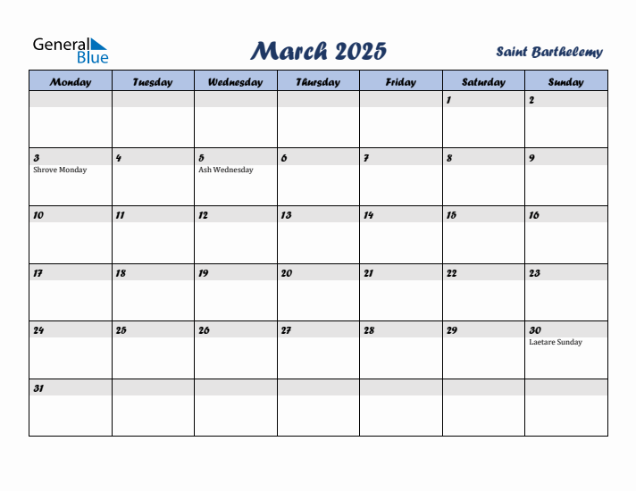 March 2025 Calendar with Holidays in Saint Barthelemy