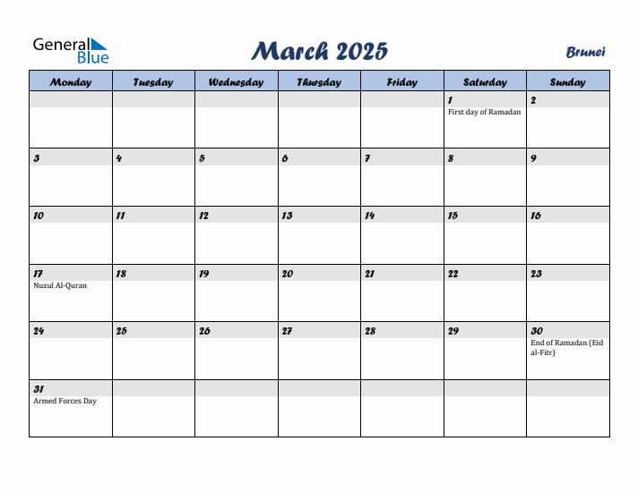 March 2025 Calendar with Holidays in Brunei