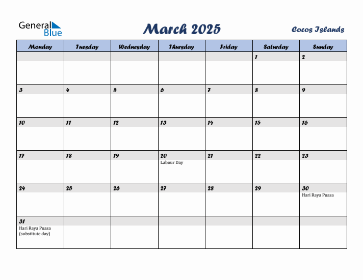 March 2025 Calendar with Holidays in Cocos Islands