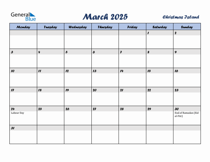 March 2025 Calendar with Holidays in Christmas Island