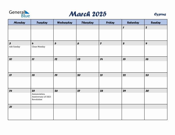 March 2025 Calendar with Holidays in Cyprus