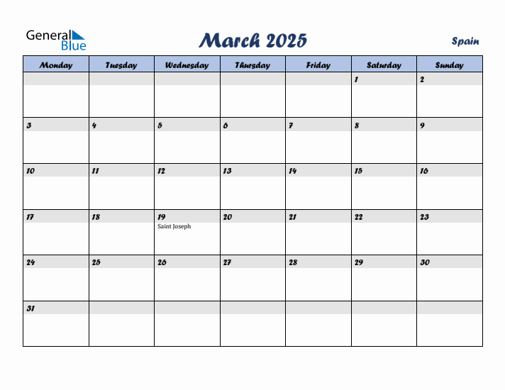 March 2025 Calendar with Holidays in Spain