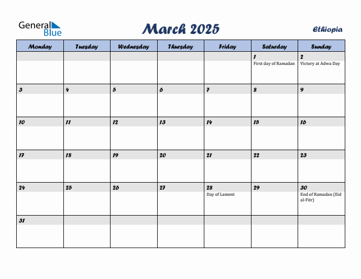 March 2025 Calendar with Holidays in Ethiopia