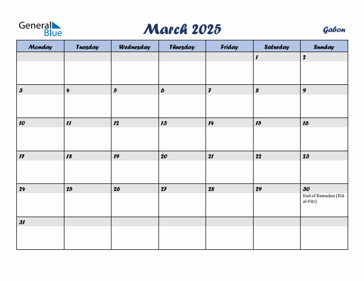 March 2025 Calendar with Holidays in Gabon