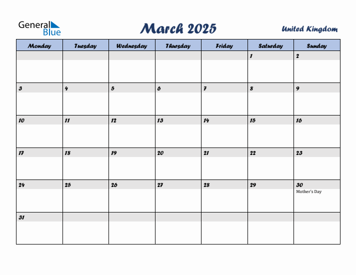 March 2025 Calendar with Holidays in United Kingdom