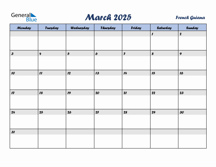 March 2025 Calendar with Holidays in French Guiana