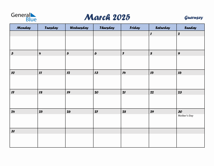 March 2025 Calendar with Holidays in Guernsey