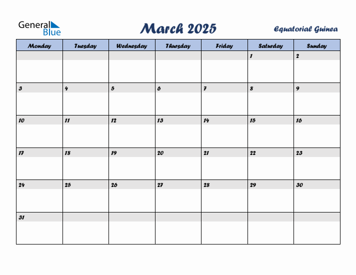 March 2025 Calendar with Holidays in Equatorial Guinea