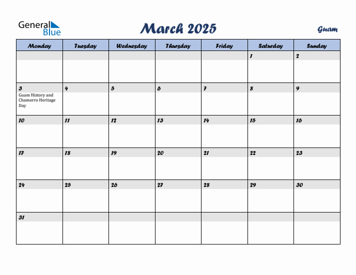 March 2025 Calendar with Holidays in Guam
