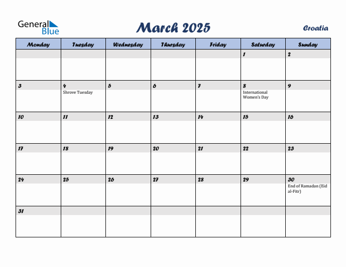 March 2025 Calendar with Holidays in Croatia