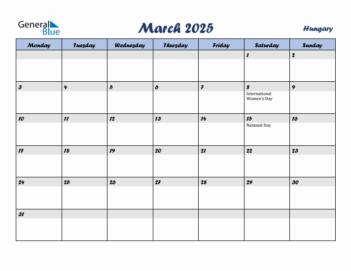 March 2025 Calendar with Holidays in Hungary