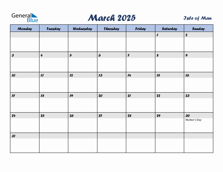 March 2025 Calendar with Holidays in Isle of Man