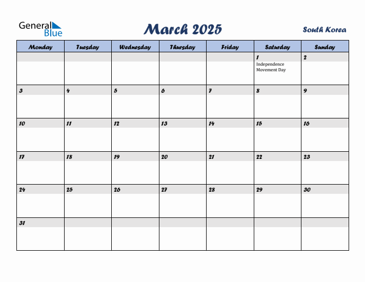 March 2025 Calendar with Holidays in South Korea