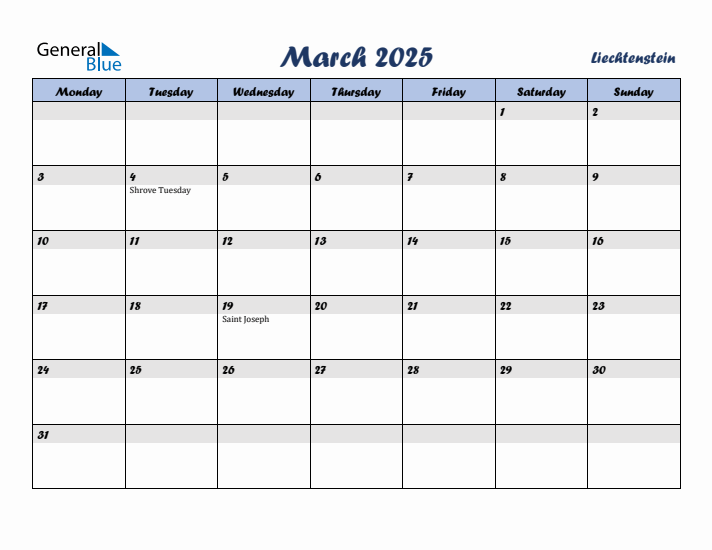 March 2025 Calendar with Holidays in Liechtenstein