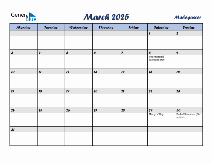 March 2025 Calendar with Holidays in Madagascar