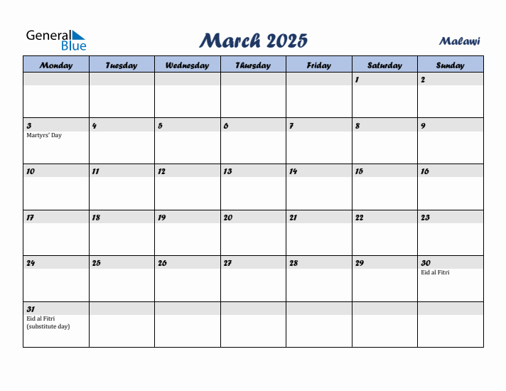March 2025 Calendar with Holidays in Malawi