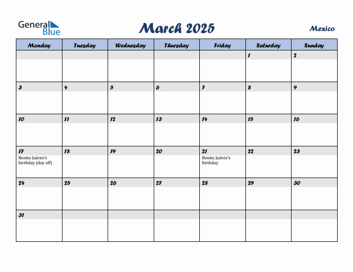 March 2025 Calendar with Holidays in Mexico