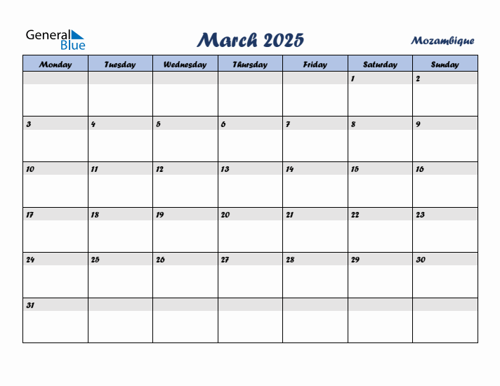 March 2025 Calendar with Holidays in Mozambique
