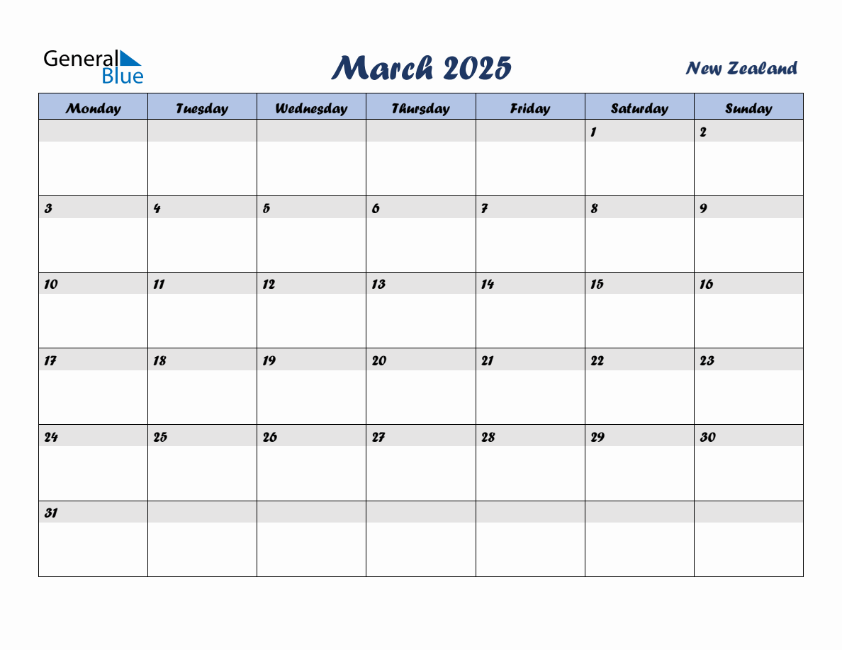 March 2025 Monthly Calendar Template with Holidays for New Zealand