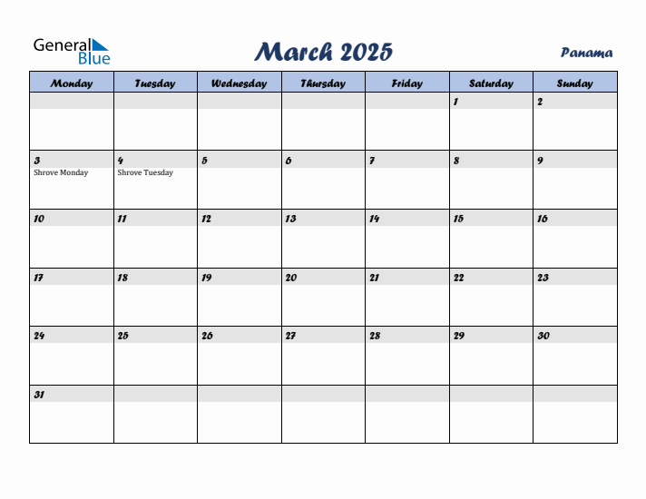 March 2025 Calendar with Holidays in Panama