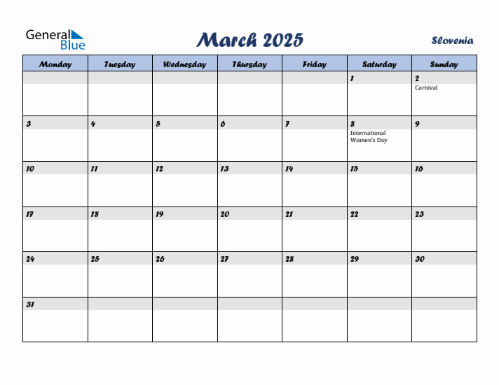 March 2025 Calendar with Holidays in Slovenia