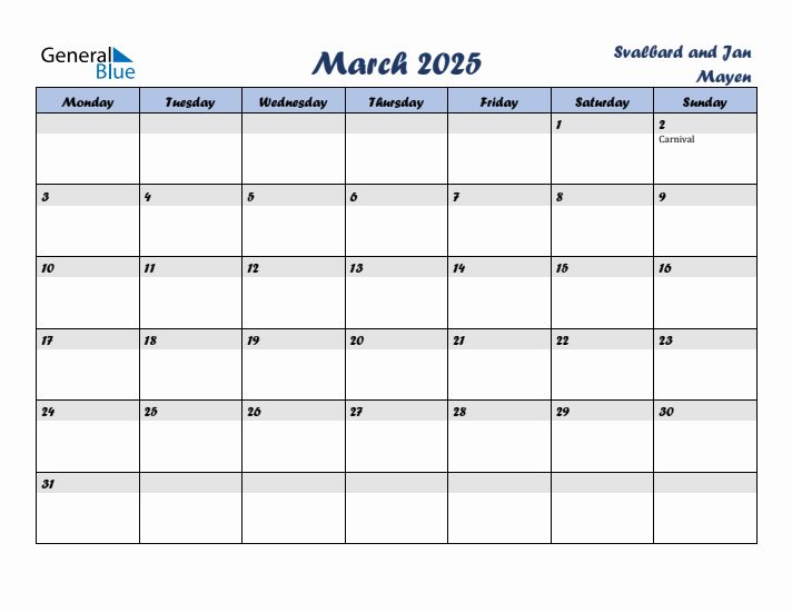 March 2025 Calendar with Holidays in Svalbard and Jan Mayen