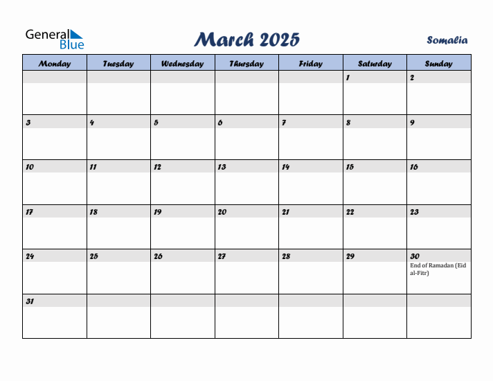 March 2025 Calendar with Holidays in Somalia