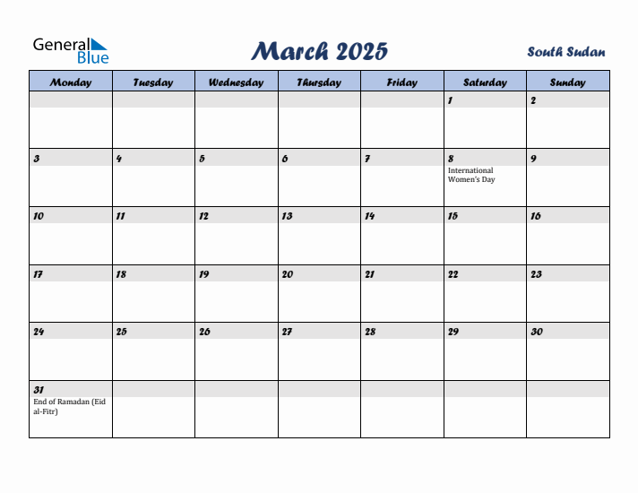 March 2025 Calendar with Holidays in South Sudan