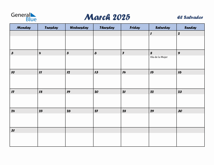 March 2025 Calendar with Holidays in El Salvador