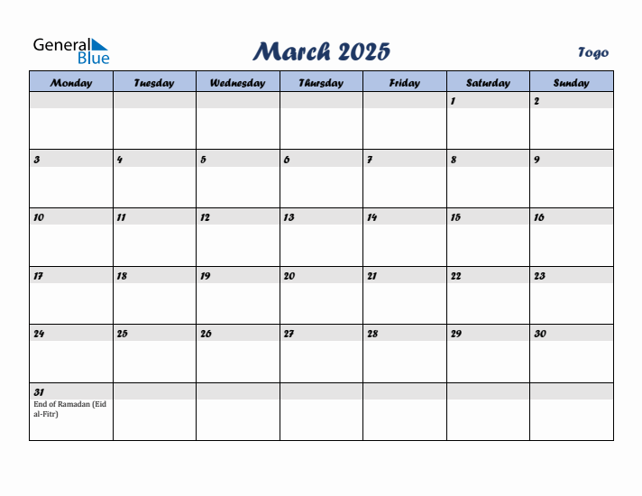 March 2025 Calendar with Holidays in Togo