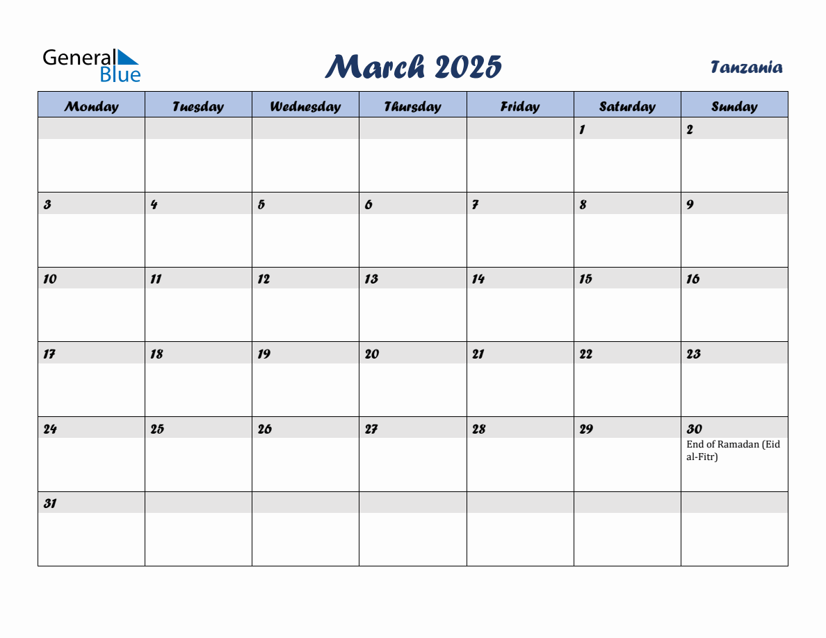 March 2025 Monthly Calendar Template with Holidays for Tanzania