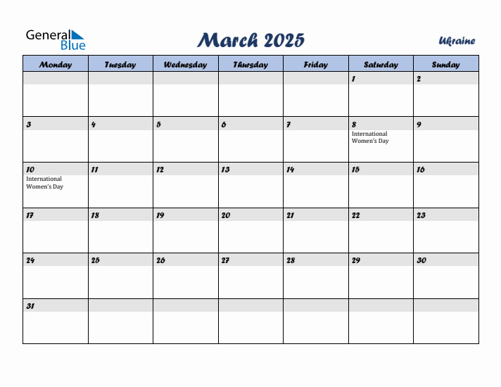 March 2025 Calendar with Holidays in Ukraine