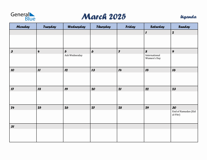 March 2025 Calendar with Holidays in Uganda