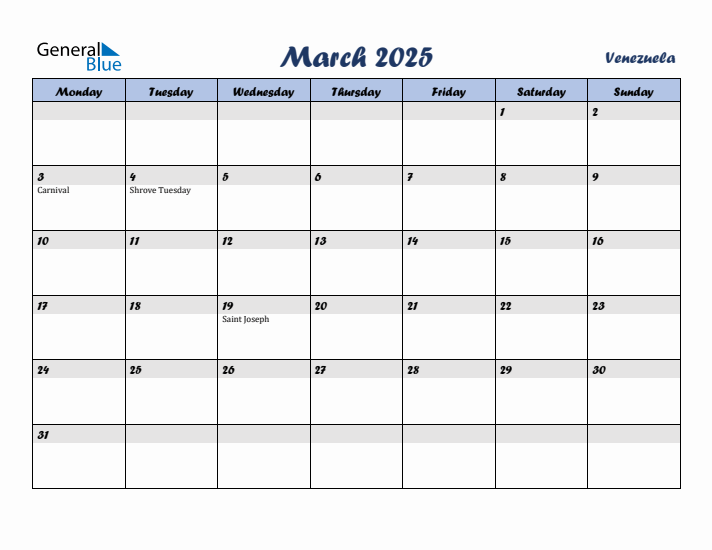 March 2025 Calendar with Holidays in Venezuela