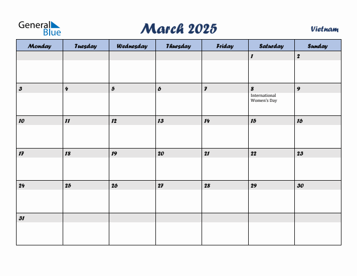 March 2025 Calendar with Holidays in Vietnam
