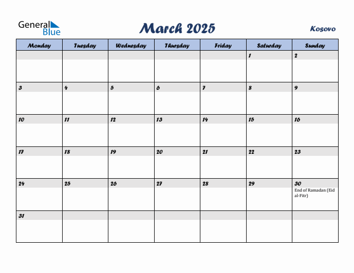 March 2025 Calendar with Holidays in Kosovo