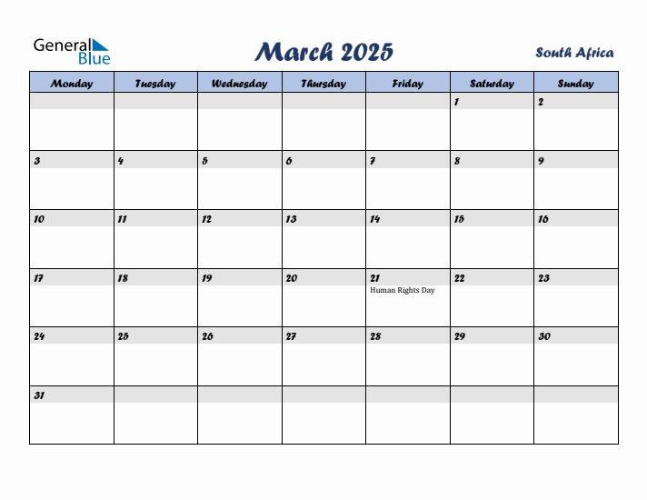 March 2025 Calendar with Holidays in South Africa