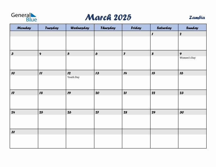 March 2025 Zambia Monthly Calendar with Holidays