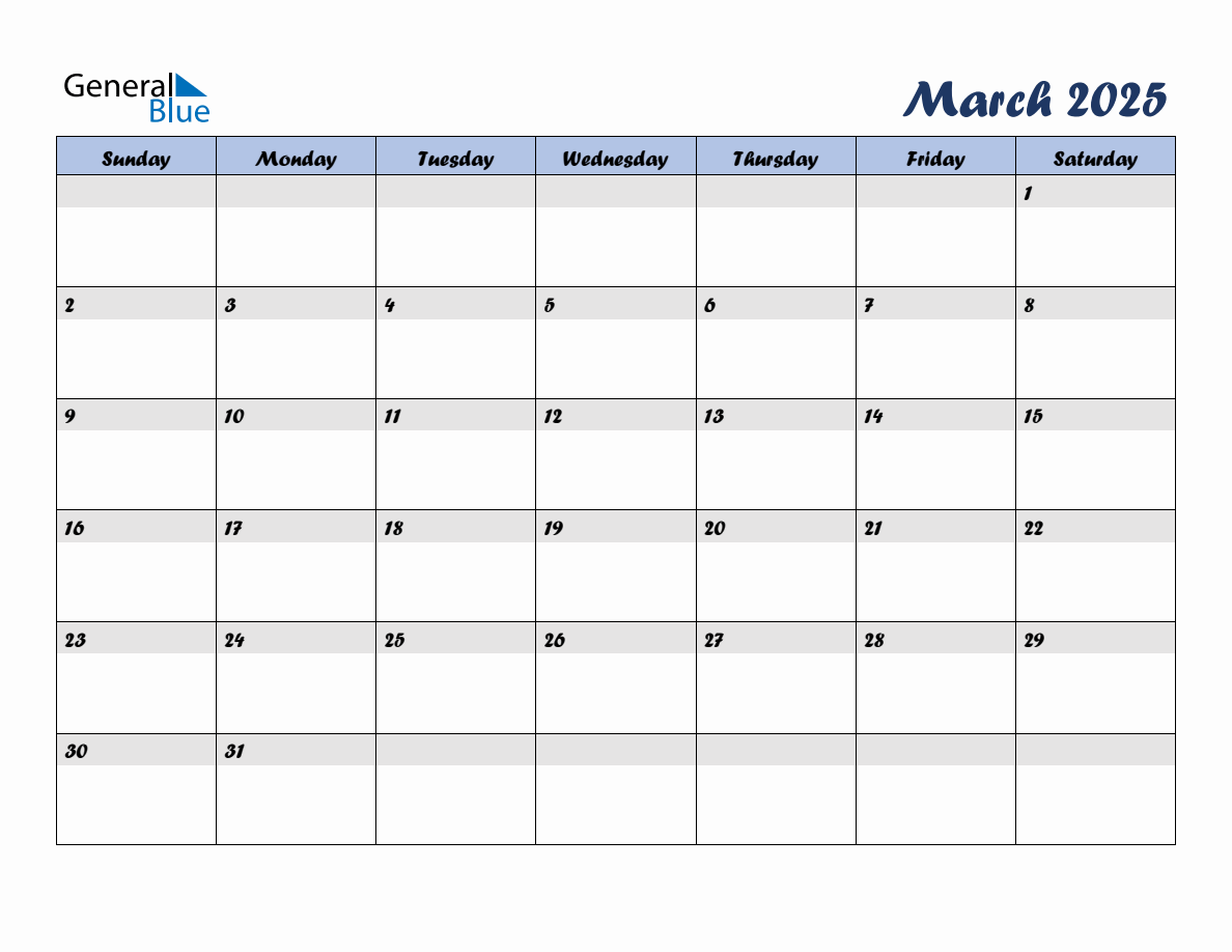 Free March 2025 Monthly Editable Calendar, starting on Sunday