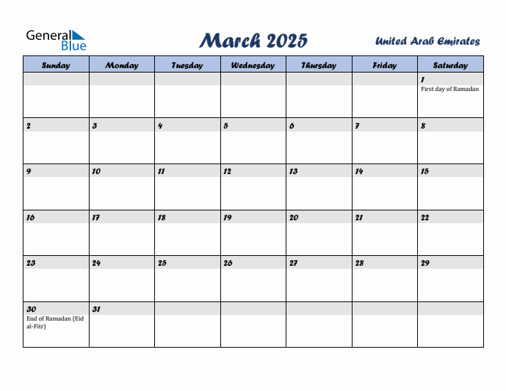 March 2025 Calendar with Holidays in United Arab Emirates