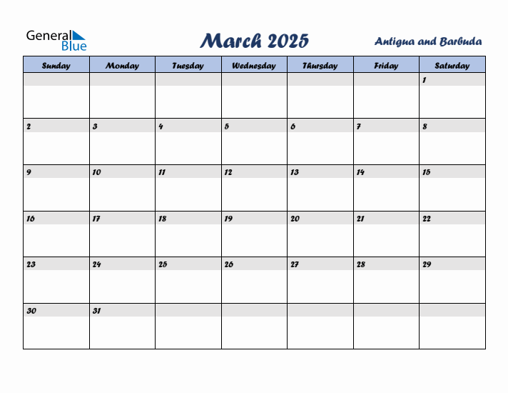 March 2025 Calendar with Holidays in Antigua and Barbuda