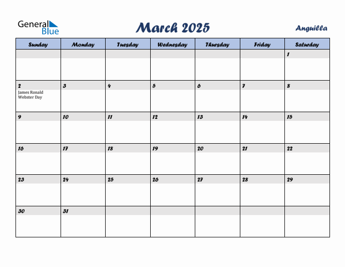 March 2025 Calendar with Holidays in Anguilla