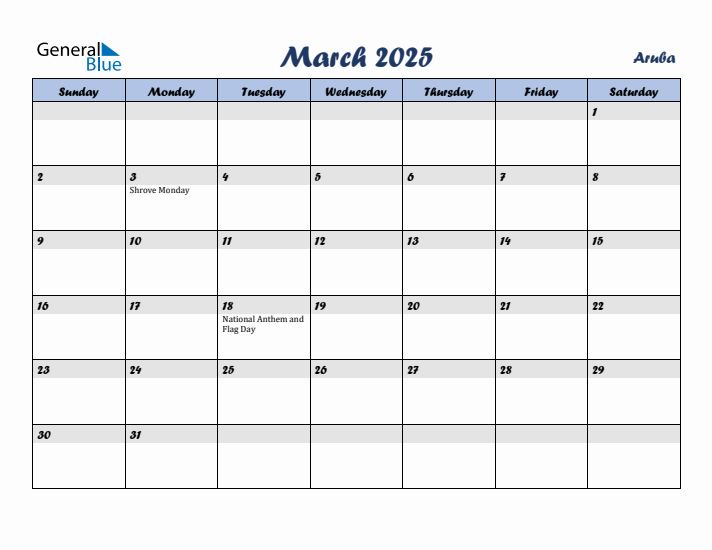 March 2025 Calendar with Holidays in Aruba