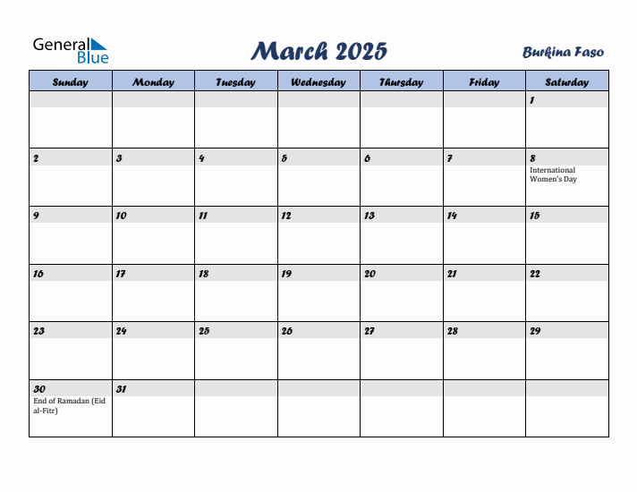March 2025 Calendar with Holidays in Burkina Faso