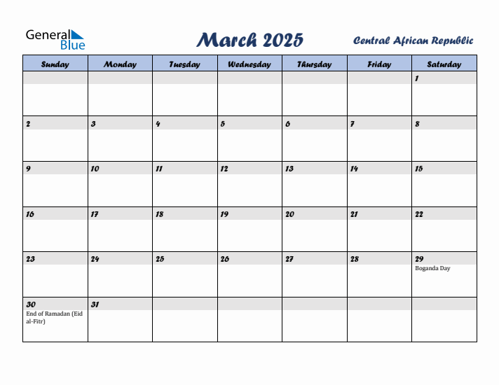 March 2025 Calendar with Holidays in Central African Republic