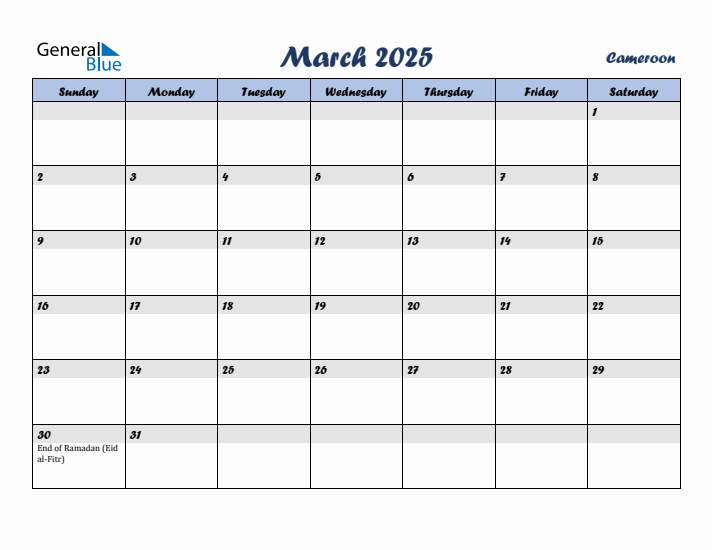 March 2025 Calendar with Holidays in Cameroon