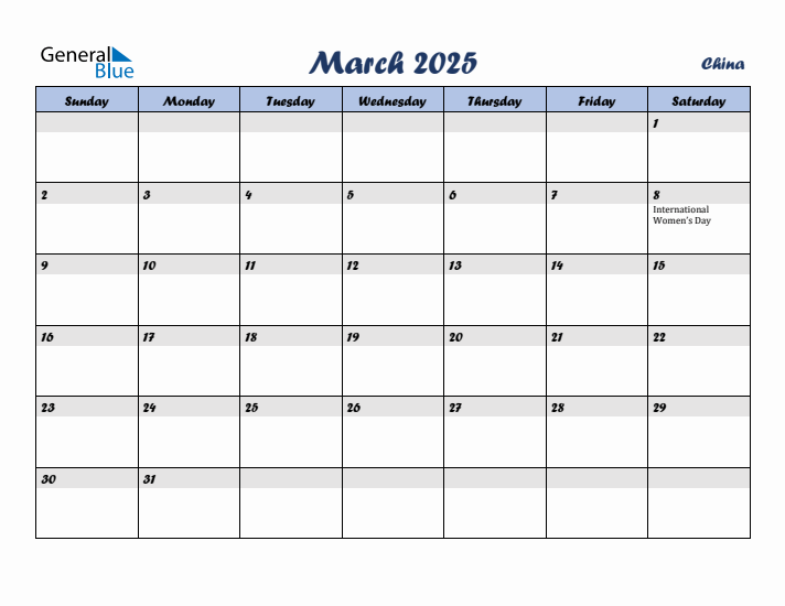 March 2025 Calendar with Holidays in China