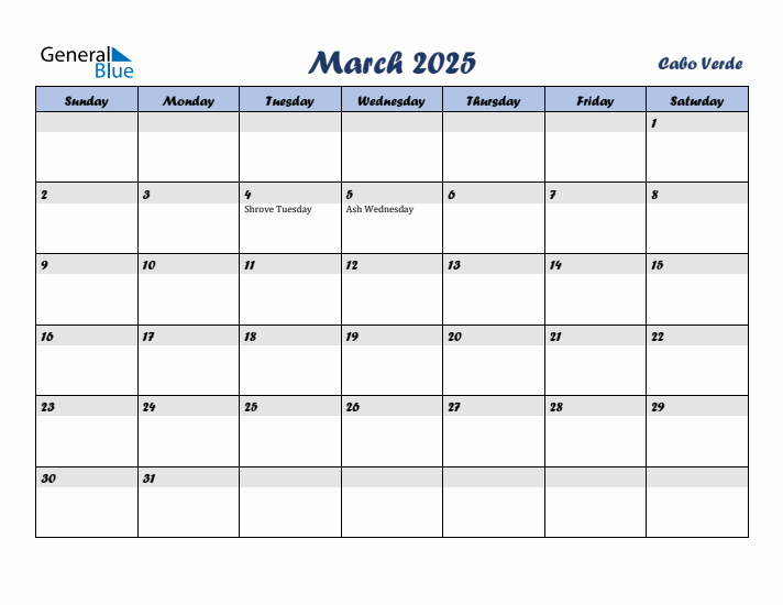 March 2025 Calendar with Holidays in Cabo Verde