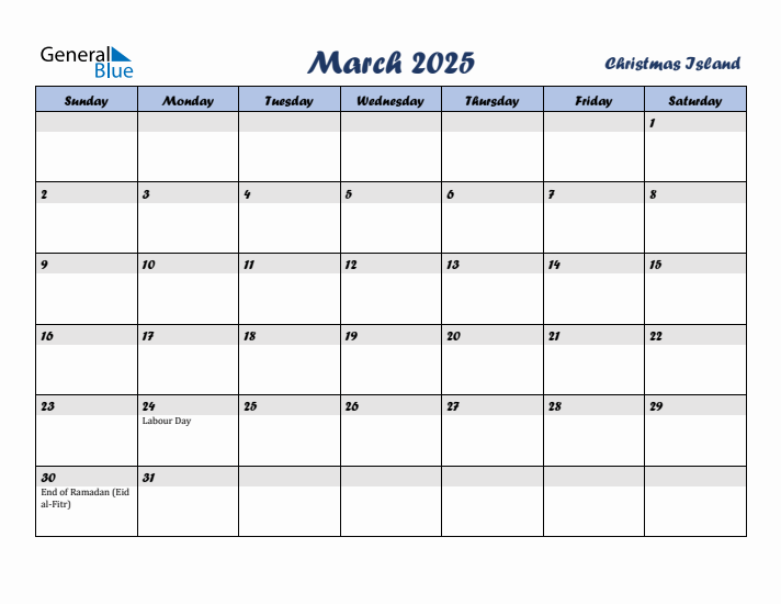 March 2025 Calendar with Holidays in Christmas Island